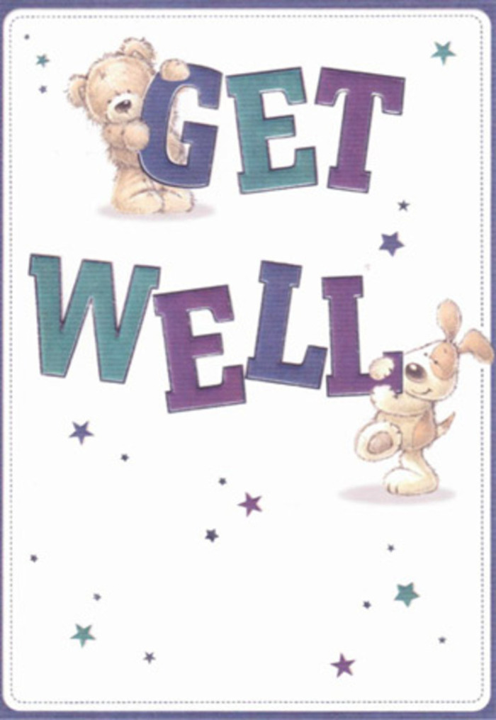 This get well card radiates gentle encouragement, expertly illustrated with a fluffy bear and a playful puppy who seem to exchange good wishes across the scene. Light dances through star shapes floating around them, much like early morning rays brightening Aldgate High Street after a passing rain. The typography-bold, friendly, with a gradient shading of purples and aquas-anchors the card, turning a simple message into an emblem of cheerful reassurance. There is a wonderfully tactile sense to the details: you can almost sense the downy softness of the bear and the velvety ears of the pup, reminiscent of comforting textures in a bouquet arranged at Aldgate Florist for local delivery. Imagine pairing this card with fresh blooms to a friend recovering near Whitechapel-a combined gift radiating hope and heartfelt care. The sparkling stars and confident lettering evoke a sense of well-being and lightness, making this card an ideal gesture for lifting spirits anywhere in Aldgate.