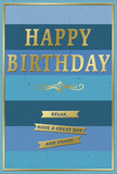 The birthday card in view is a study in calm celebration, the kind you might send to someone who loves the quieter corners of Aldgate and the City. Its entire face is covered in broad, horizontal bands of blue, stepping seamlessly from a deep navy base through richer marine and teal tones and finally reaching a soft, airy sky blue towards the top. This layered palette creates a restful ombré effect, like looking out across receding lines of water and sky. Anchored firmly in the centre, the words HAPPY BIRTHDAY appear in bold, embossed gold capitals. The lettering has a gentle metallic sheen that would shimmer subtly under lamplight or in the daylight streaming through a nearby window. Just beneath the greeting sits an elegant gold flourish, a decorative, symmetrical scroll that adds a classic, almost vintage touch, as if the card were chosen from a favourite stationer tucked away off Leadenhall Street. Under the flourish, three narrow golden banners are neatly stacked, their surfaces also embossed and reflective. Each banner offers a short, friendly phrase-Relax, have a great day and enjoy!-creating a softly spoken trio of wishes. A slim gold line runs around the entire edge of the card, framing the blue field and tying together all the metallic details. The surface appears smooth yet substantial, inviting you to hold it and feel the raised gold. The overall mood is tranquil and reassuring, a perfect birthday greeting to accompany a fresh bouquet on a desk near Aldgate East, encouraging the recipient to pause, smile, and savour their day.